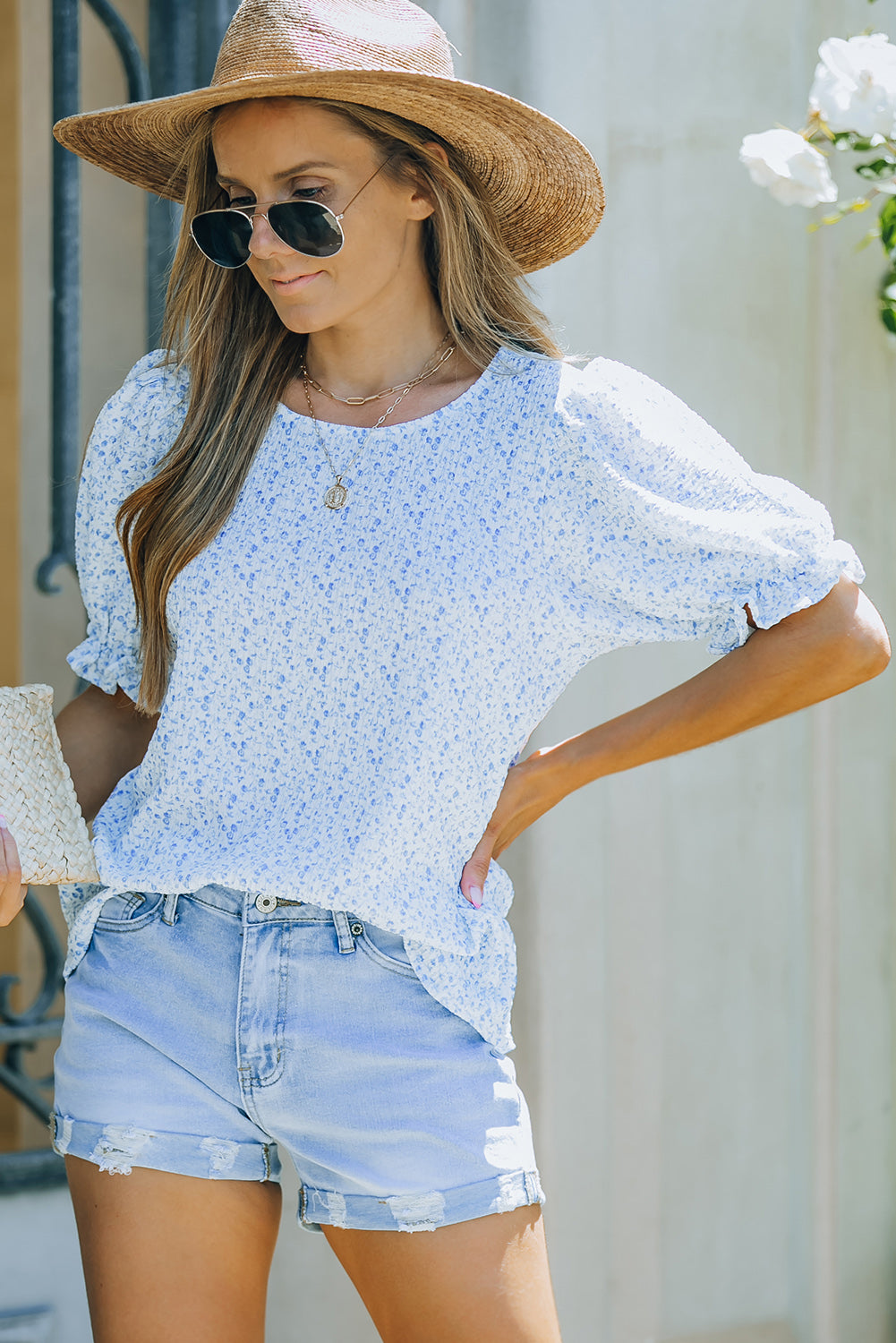 Printed Round Neck Half Flounce Sleeve Top