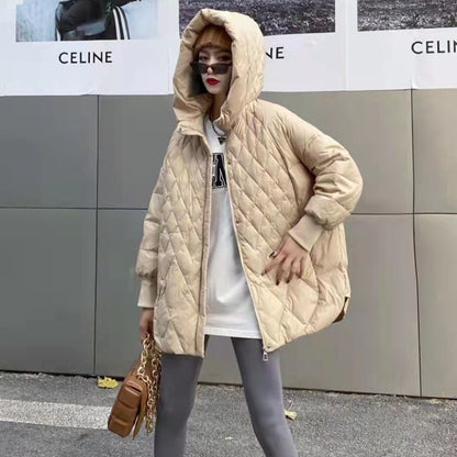 Chaqueta de plumón de pato blanca holgada de longitud media con capucha fina para otoño e invierno