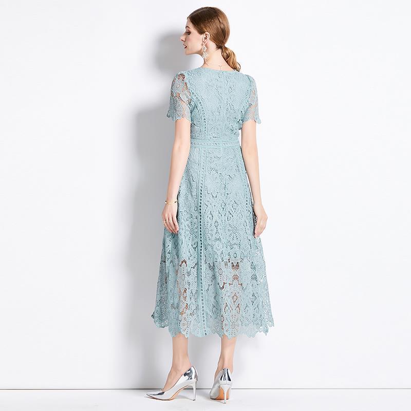 Round Neck Ruffle Sleeve Lace Slimming Temperament Elegant Dress