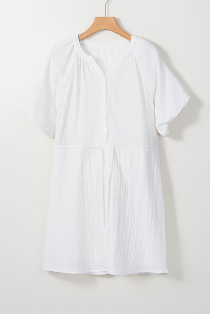 White Puff Sleeve Drawstring Shirt Dress with Pockets