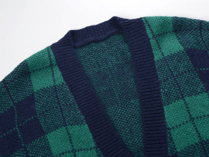 Green Plaid Mohair Women's Trendy Knit Cardigan