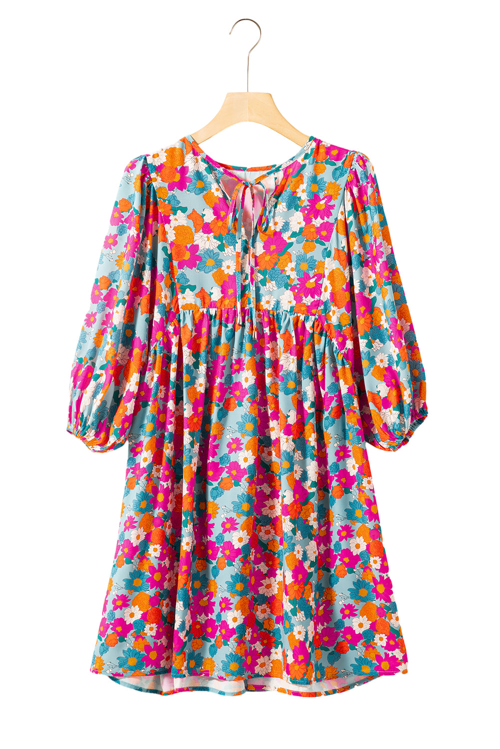 Robe nuisette bleu ciel à imprimé floral, col fendu, manches bulles