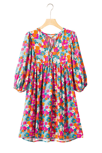 Robe nuisette bleu ciel à imprimé floral, col fendu, manches bulles