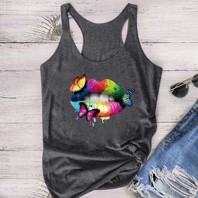 Multicolored Lips Butterflies Printed Tank Top Women