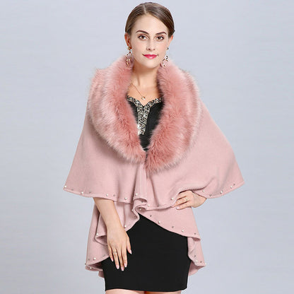 Women's Fashion Fur Collar Beaded Double Layer Inverness