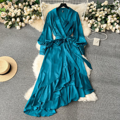 Long Sleeve Lace-up Waist Trimming Ruffles Irregular Suit Skirt Dress