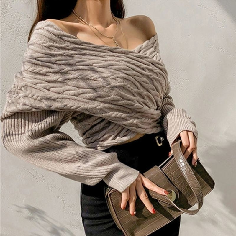 Version coréenne du nouveau Style de la clavicule col en v rétro pull torsadé pour femmes