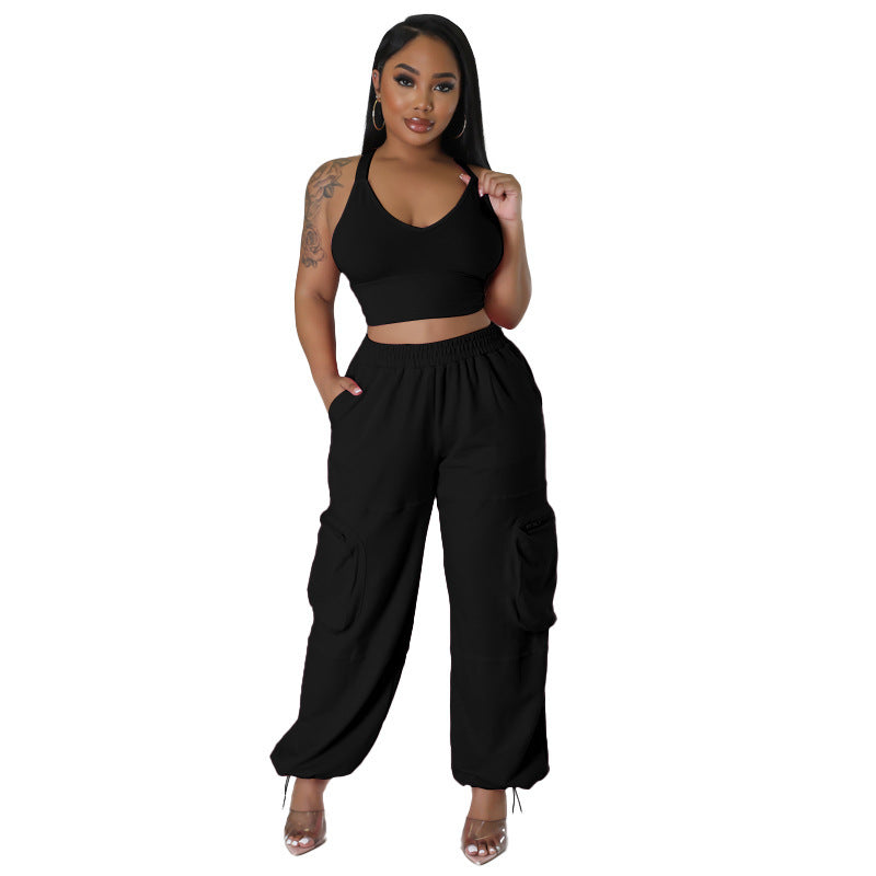 Sleeveless Vest Pocket Wide Leg Pants Casual Women's Two-piece Suit