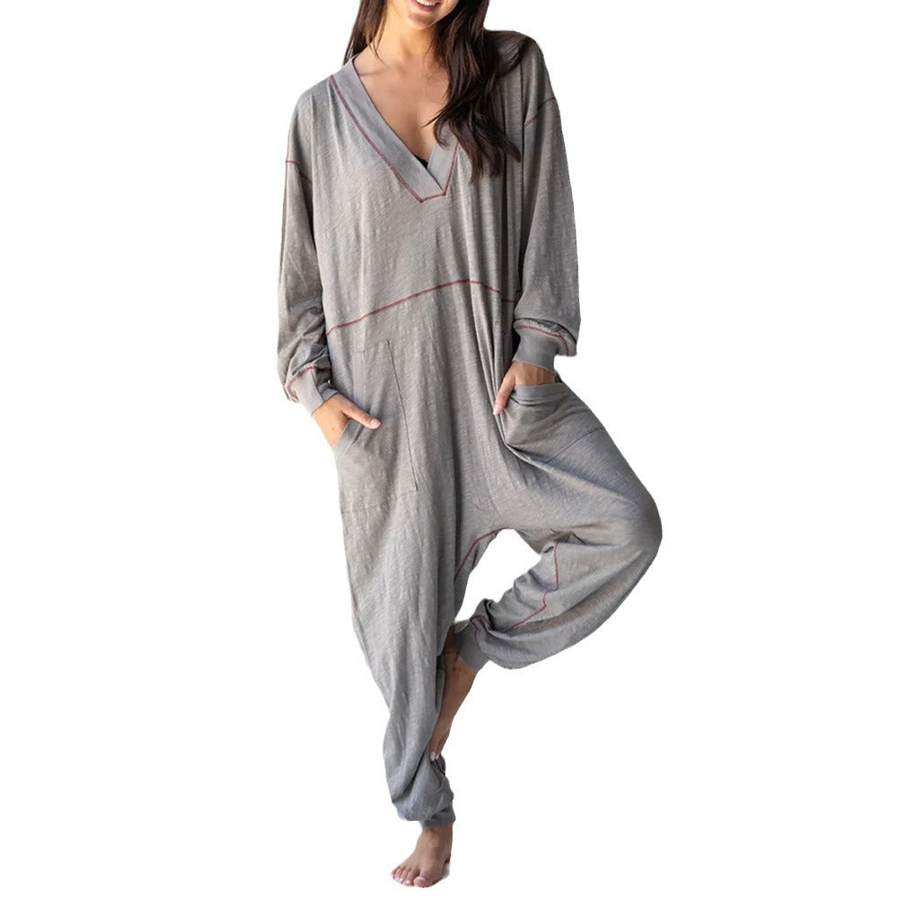 European And American Solid Color Fashion V-neck Long Sleeve Casual Loose Jumpsuit