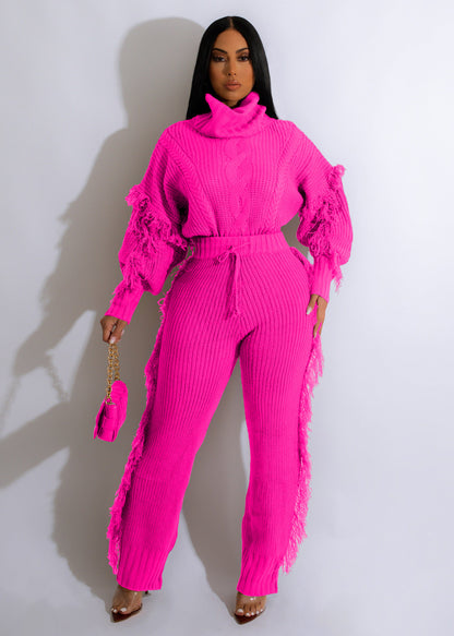 Casual Solid Color Knitted Long Sleeve Turtleneck Tassel Suit