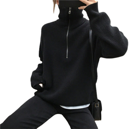 Korean Style Zipper Half-open Collar Lazy Sweater Women