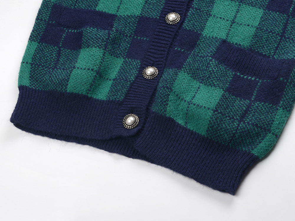 Green Plaid Mohair Women's Trendy Knit Cardigan