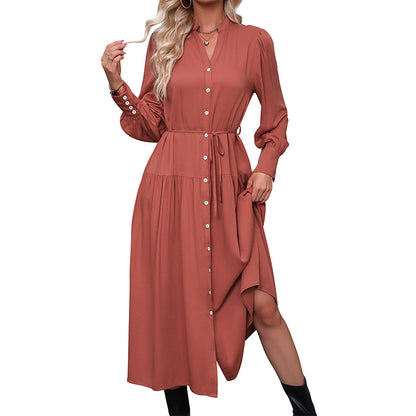 Long Sleeve Pure Color All-matching Orange Long Sleeve Dress