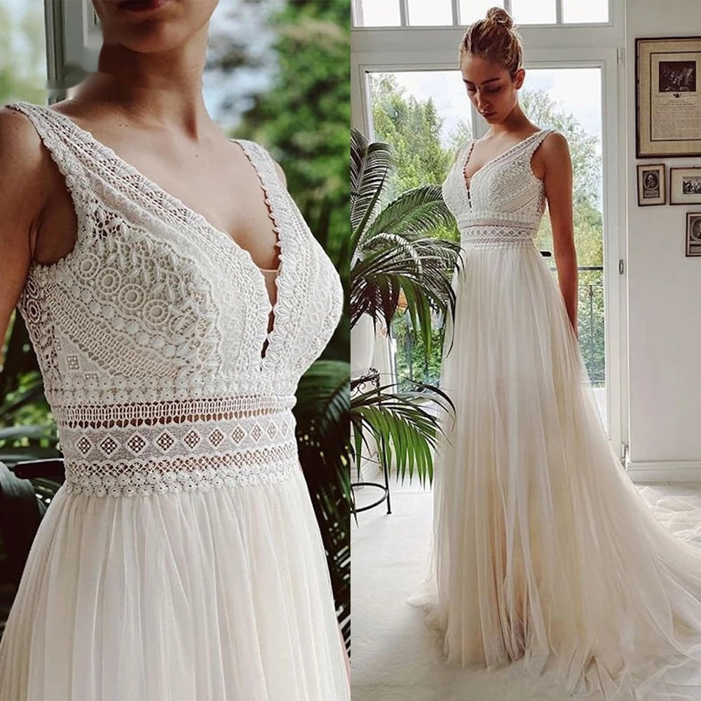 Vestido de novia de malla al aire libre de playa adelgazante con cintura transparente ligera de encaje