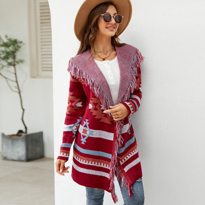 Loose Hooded Tassel Geometric Brocade Sweater