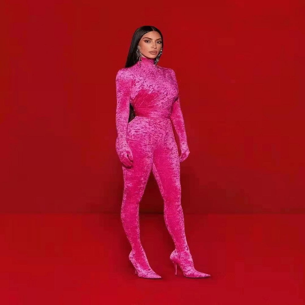 Rose Red Half Turtleneck Jumpsuit Suit