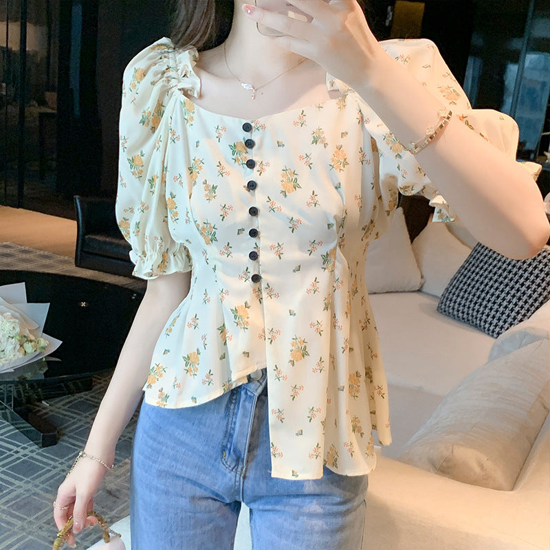 Women's Fashion French V-neck Irregular Floral Shirt