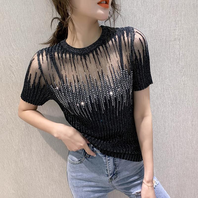 All-match Ice Silk Knitted Mesh Hollow Lace Top