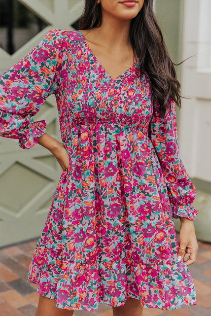 Purple Smocked V Neck Puffy Sleeve Floral Dress