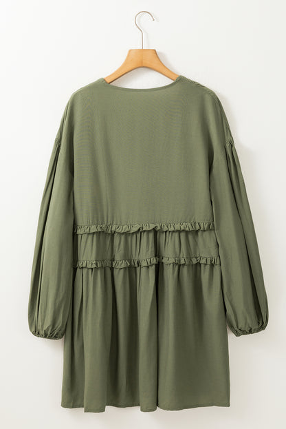 Green V Neck Puff Sleeve Frill Tiered Mini Dress