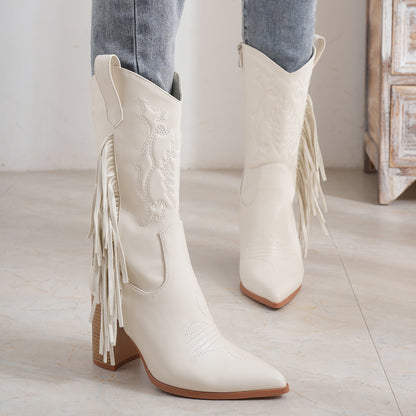 Bota vaquera nueva blanca con borlas bordadas