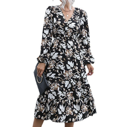 Women's V-neck Mid-length Bubble Sleeve Printed Long Sleeve Big Hem Dress