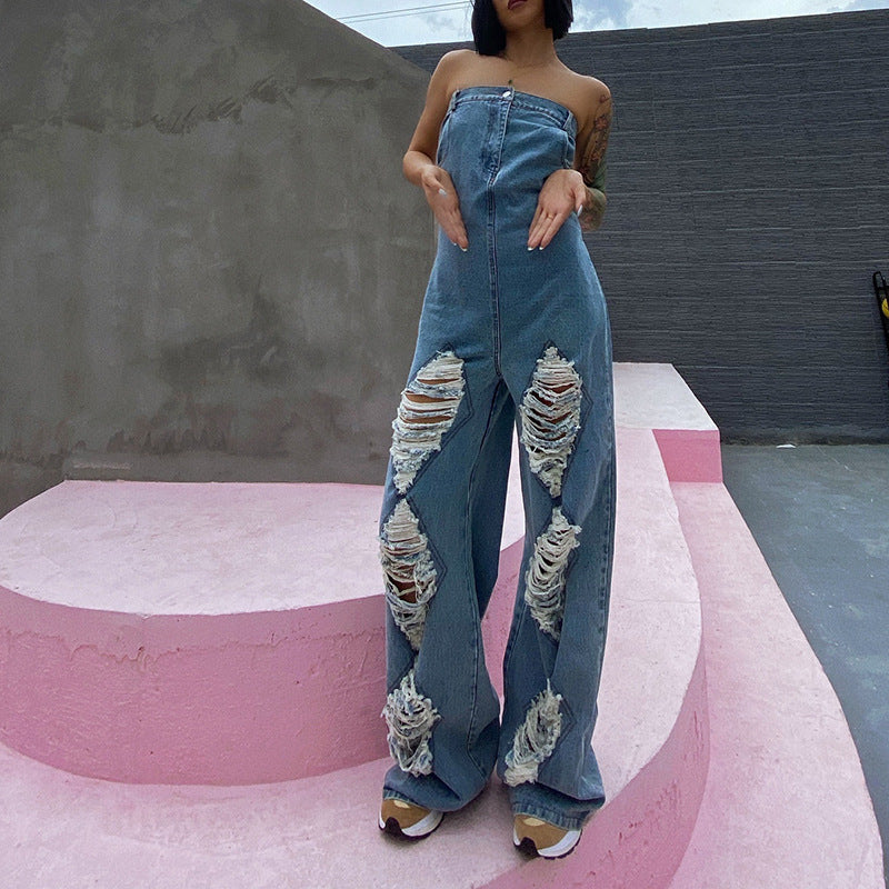 Ripped High-waisted Western-style Straight Wide-leg Denim Jumpsuit