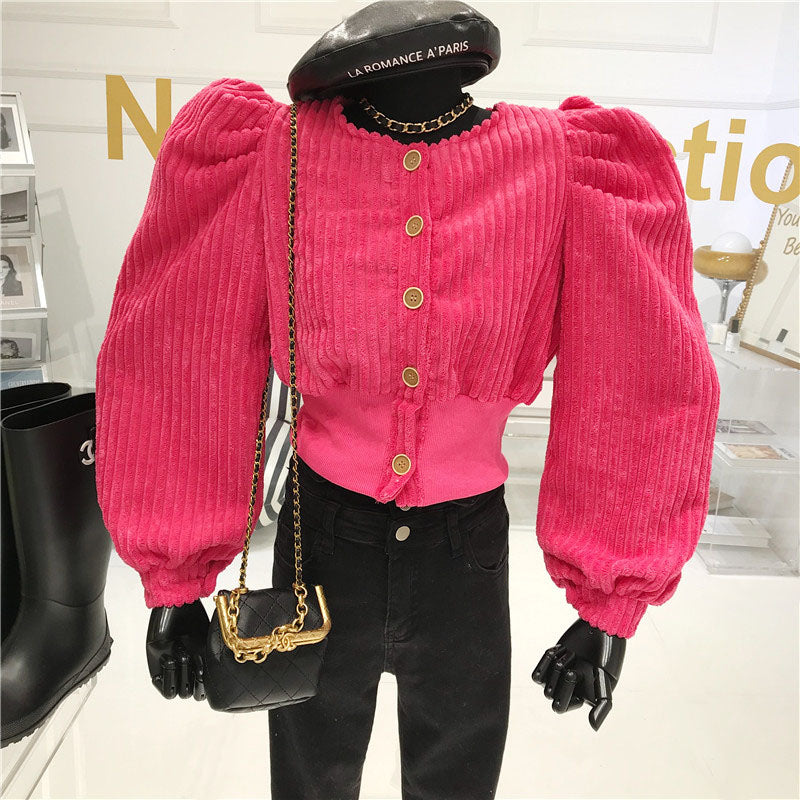 Women's short puff sleeve button corduroy jacket