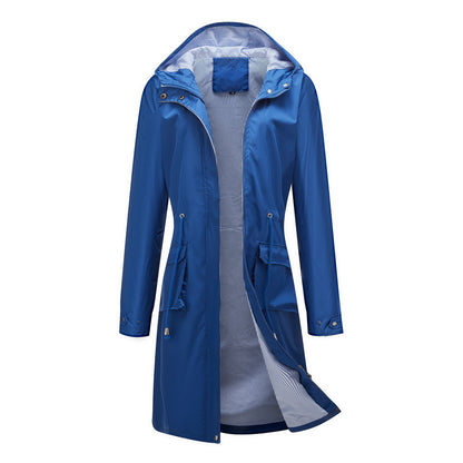 Long Casual Windbreaker Women's Waterproof Hooded Solid Color Top Striped Lining Straight Coat