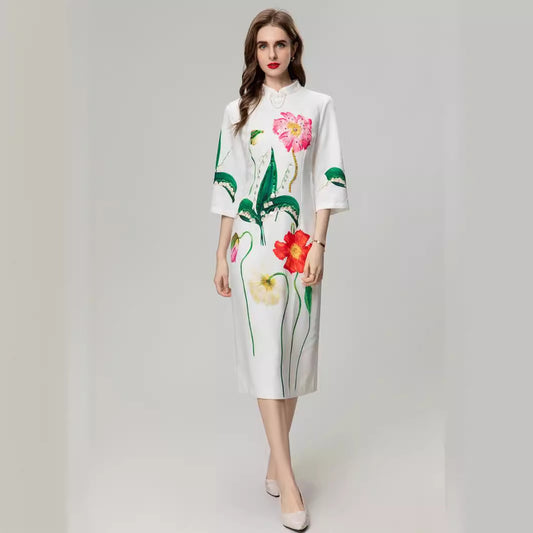 Positioning Printing Flower Heavy Industry Beads 34 Sleeve Dress