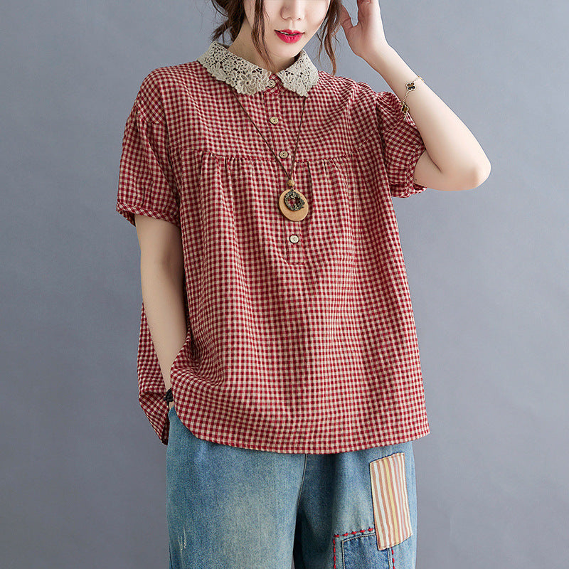 Ladies' Lace Lapel Cotton And Linen Plaid Shirt Short Sleeves