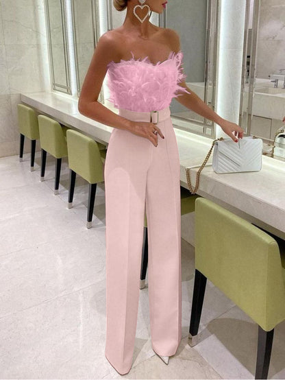 Temperament Feather Tube Top Jumpsuit Party Dress Pants