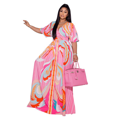 Printed Butterfly Sleeve Women's Large Swing Side Slit Dress