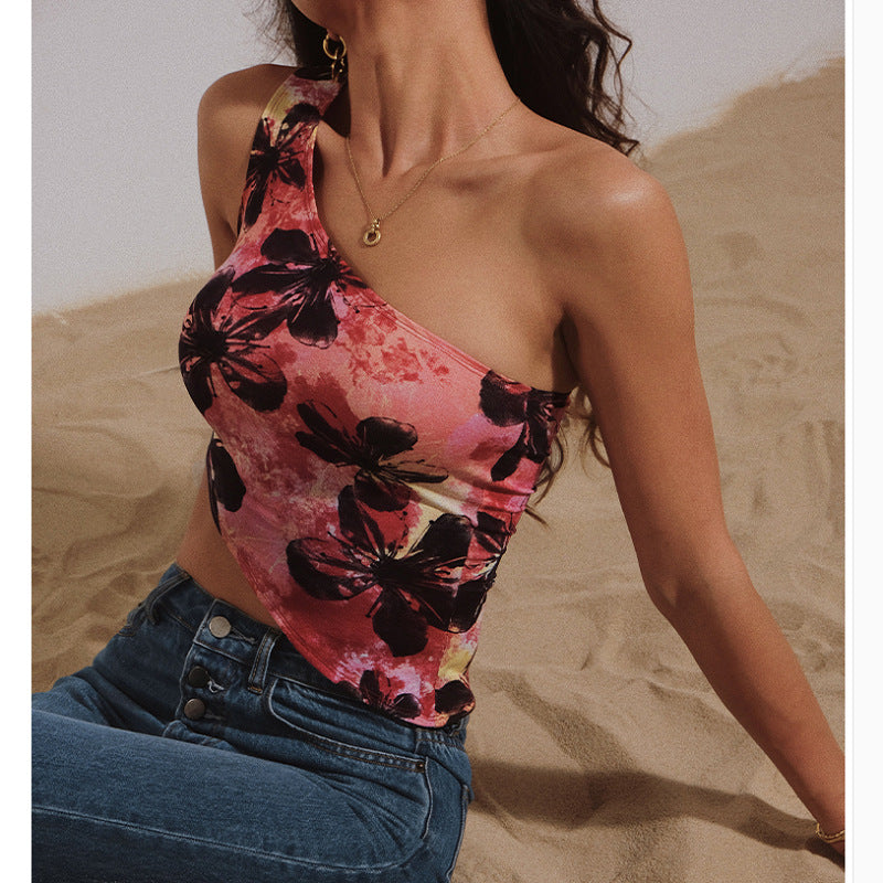 Oblique Shoulder Fashion Printed Yoga Vest