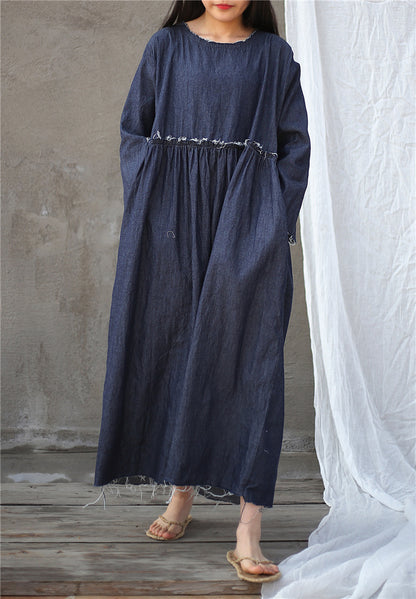 Spring Denim Blue High Waist Pleated Loose Burrs Dress