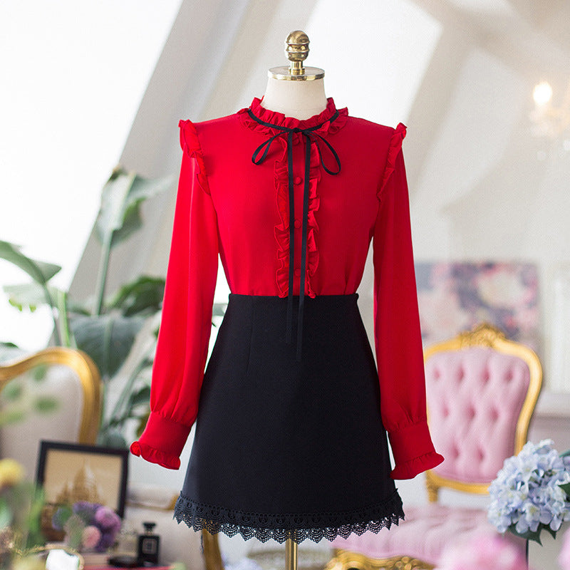 Long sleeve chiffon shirt red shirt