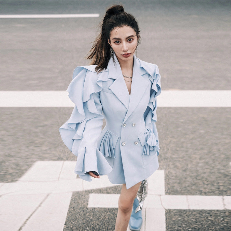 Nouveau blazer français à volants et manches ondulées pour femmes