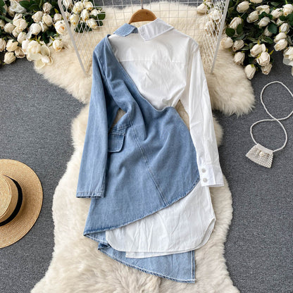 Irregular Long Sleeve Shirt Stitching Denim Dress