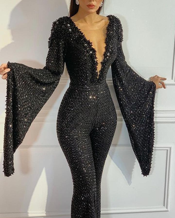 Sequin V-Neck Doll Sleeve Top Jumpsuit