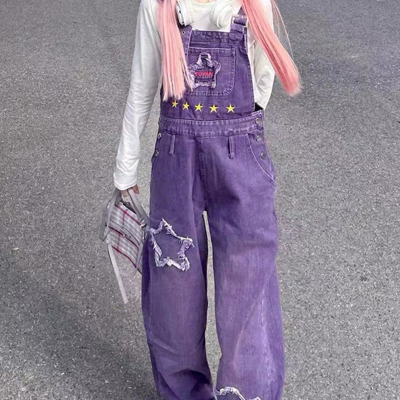 Purple Denim Suspender Pants Women's Retro High Waist