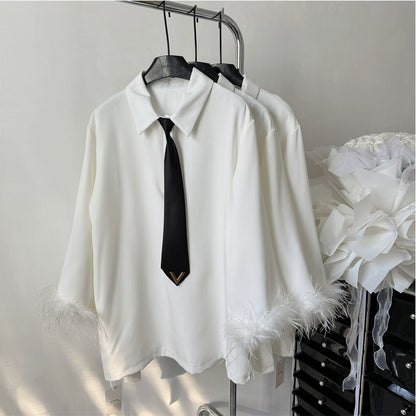 Spring Lapel Environmental Protection Ostrich Feather Decorative Long Sleeve With Tie Age-reducing Gold Style Dress