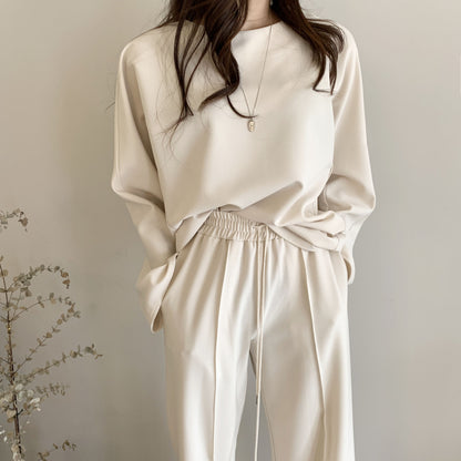 Long Sleeve Top High Waist Straight Wide Leg Casual Pants Two-piece Set