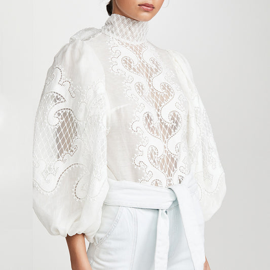 Spliced lace loose lantern sleeve lace shirt