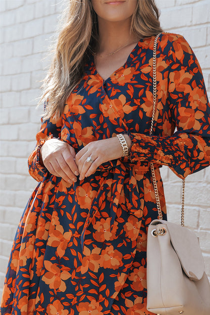 Orange Floral Print Faux Wrap Belted Dress