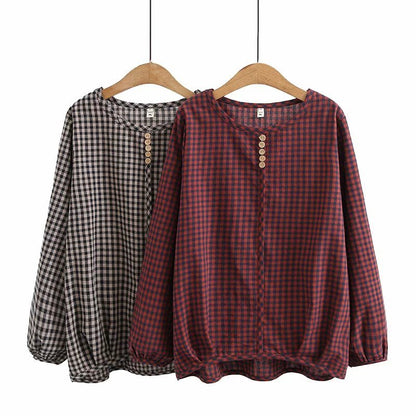 Plus Size Women's Korean Loose Retro Plaid Long Sleeve Bottoming Shirt