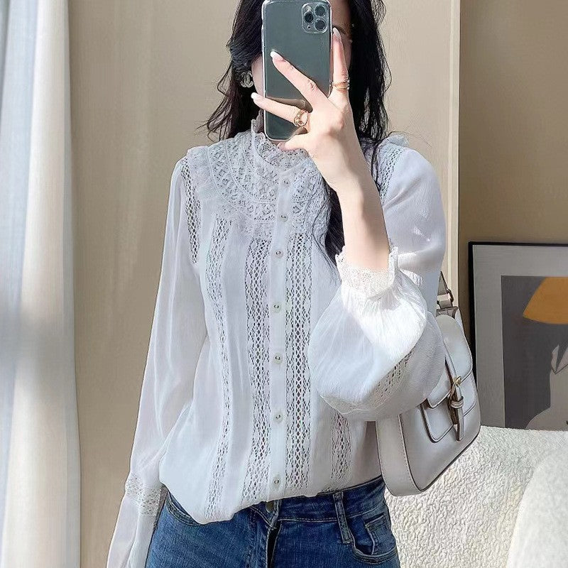 Niche Round Neck Lace Long Sleeve White Shirt Female Blouse