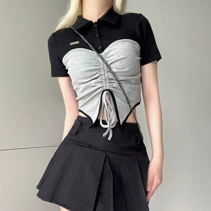 Polo Collar Contrast Panel Drawstring Pleated Top