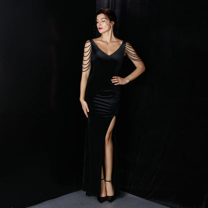 Women's Fashion Elegant Velvet Aura Solid Color Dress