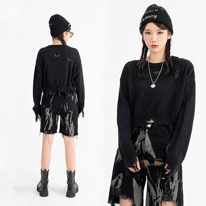 Hole Cut Irregular Special Trendy Style Short Sweater