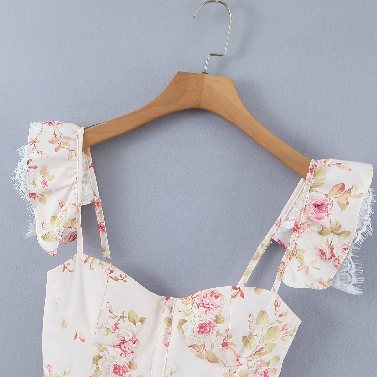 Top con tirantes finos de encaje con estampado francés de verano para mujer